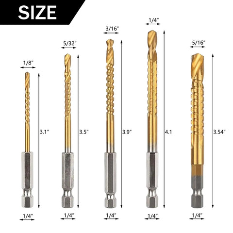 Five-piece Titanium Coated HSS Twist Drill Bit Set for Woodworking with Hex Shank, sizes 1/8 in, 5/32 in, 3/16 in, 1/4 in, 5/16 in shown