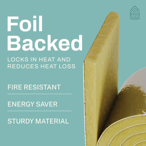 Foiled Back Fiberglass Pipe Insulation Wrap 25 Foot Long, 3 Inch Wide, 1 Inch Thick With Vapor Barrier, shown partially unrolled