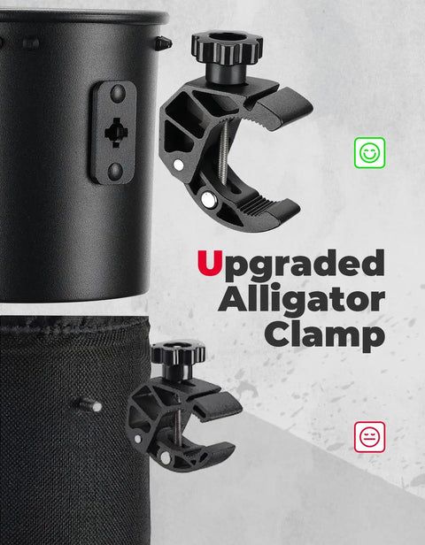 Rugged Motorcycle Cup Holder With Heavy Duty Metal Clamp For 0.6 To 1.5 Inch Range, 32 Oz Bottle Capacity, shown with alligator clamp
