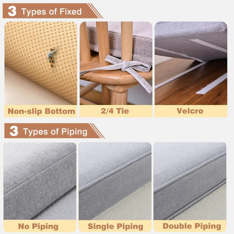 Custom Bench Cushions For Indoor Furniture And Outdoor Patio, Totally Customizable Size Thickness Shape Fabric Color Piping And Non Slip Fixing, 75D Foam Seat Cushions For Bay Windows Kitchen Nook Benches Mudrooms And Sofas showing fixing and piping options