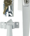 Keyed Push Button Tie Down Door Latch For Screen And Storm Doors White Finish No Lock Out Technology Ideal For Out Swinging.