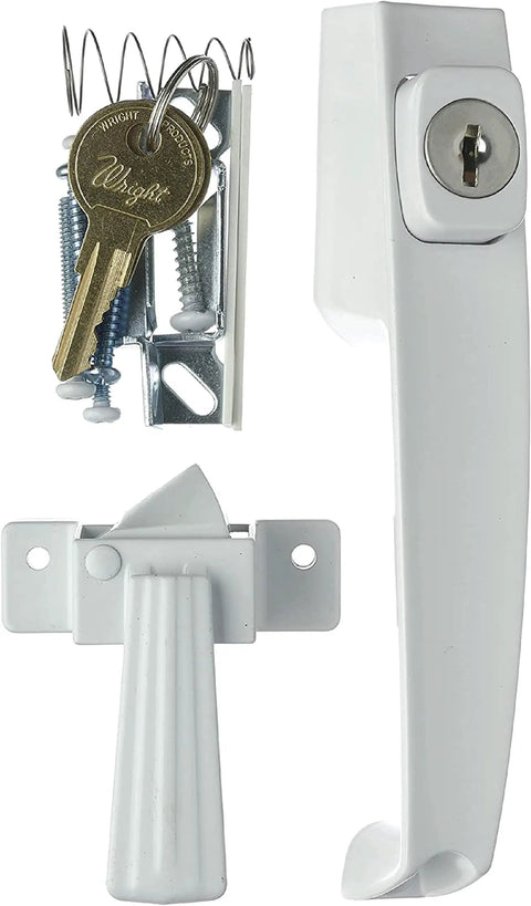 Keyed Push Button Tie Down Door Latch For Screen And Storm Doors White Finish No Lock Out Technology Ideal For Out Swinging.