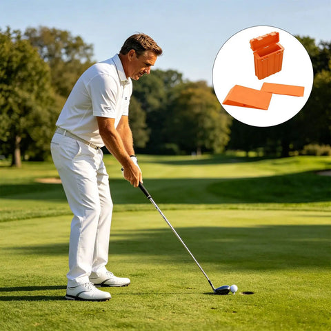 Man practicing with Lightweight Golf Swing Trainer For Indoor Practice And Dial In Your Impact Position Corrector Device on green