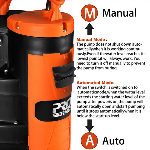 Heavy Duty Submersible Water Pump 1HP 3500 GPH With Built In Float Switch, close-up of manual and auto switch settings