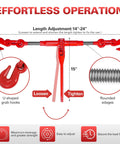 Effortless operation diagram of 5 16th to 3 8th inch ratchet binder with adjustable length and U-shaped grab hooks for flatbed trailers.