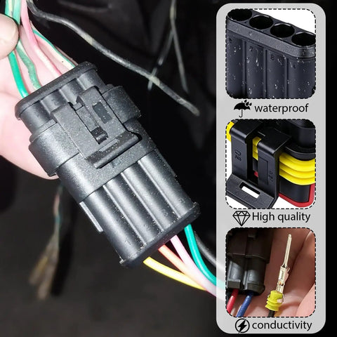 Heavy Duty Road Ready Electrical Wire Connectors Slick Quick Crimp Terminals waterproof auto connectors with colored wires.