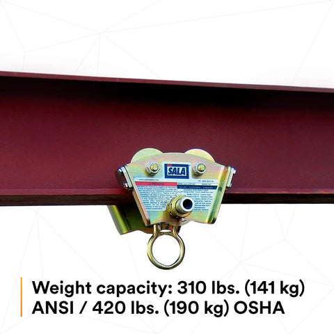 Heavy Duty I Beam Trolley For Self Retracting Lifeline Use With Fixed Rotating D Ring Mounts on I-beam flange, gold finish