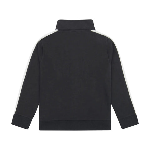 Back view of T7 Core French Terry Track Jacket For Boys Black Zip Front With Contrast Stripes Retro Athletic Style