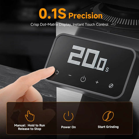 Commercial Grade 64mm Flat Burr Coffee Grinder Hella Precise with digital timer and touch control display showing grinding time.