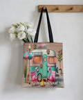 Flame Bird Camping RV Themed Tote Bag For Women hanging with floral decor, lightweight polyester reusable shoulder bag.