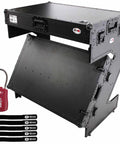 Hardcore Portable Compact Flight Case Table Built For Mobile DJs And Gig Crews Featuring Tough Handles Easy Glide Wheels Glossy Black Top Red TSA Lock Kit with straps