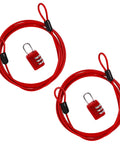 Two red 6.6 ft double loop cables with 2.5mm steel and combination lock. Red Six Point Six Feet Double Loop Security Cable Lock Two Pack.