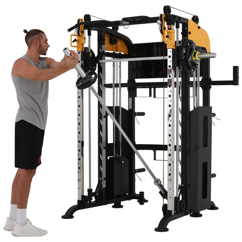 All In One Home Gym System With Smith Machine And Adjustable Lever Arms 2 To 1 Pulley Ratio Commercial Grade Squat Rack