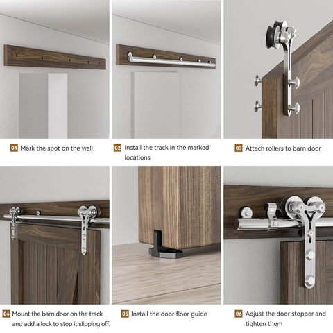 Installation steps for 9 Foot Stainless Steel Sliding Door Hardware Kit For Wooden Barn Doors, heavy duty Y shaped track system.
