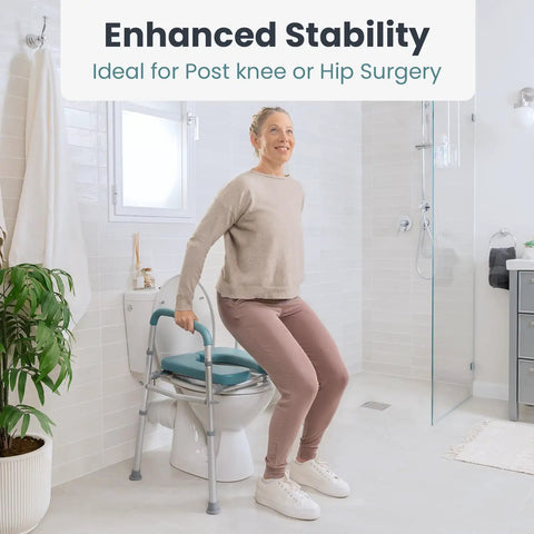 Adjustable Height Toilet Seat With Rock Solid Dual Handles And Real Heavy Duty Four Hundred Pound Support Quick No Sweat Assembly For Seniors And Post Surgery Recovery Top Shelf Stability Plus Super Comfy Armrest Grips In Grey
