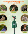 Motion Activated Yard Sprinkler System With Adjustable Head Deterrent For Deer Cats Raccoons And Dogs Skunk Deterrent Scares Off Intruders Outdoor Lawn Water Sprinkler Hose Not Included showing green stake sprinkler and animal targets