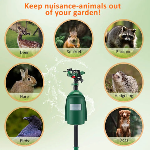 Motion Activated Yard Sprinkler System With Adjustable Head Deterrent For Deer Cats Raccoons And Dogs Skunk Deterrent Scares Off Intruders Outdoor Lawn Water Sprinkler Hose Not Included showing green stake sprinkler and animal targets