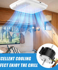 RV Air Conditioner Fan Motor With Capacitor 1/4 HP 3 Speed Beefed-Up Replacement installed in camper ceiling, cooling effect