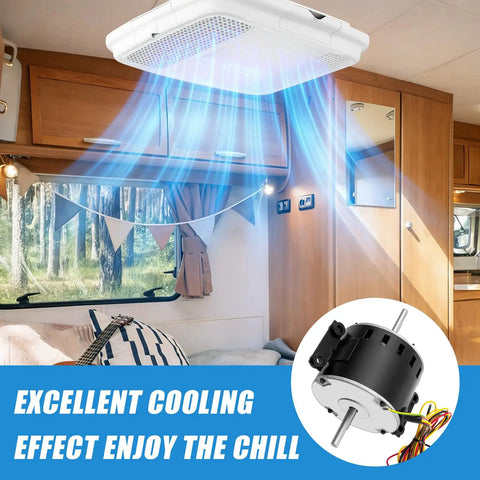 RV Air Conditioner Fan Motor With Capacitor 1/4 HP 3 Speed Beefed-Up Replacement installed in camper ceiling, cooling effect