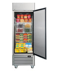 Heavy Duty 23 Cubic Foot Stainless Steel Commercial Upright Freezer Frost Free Convertible Refrigerator with open door and organized food items.