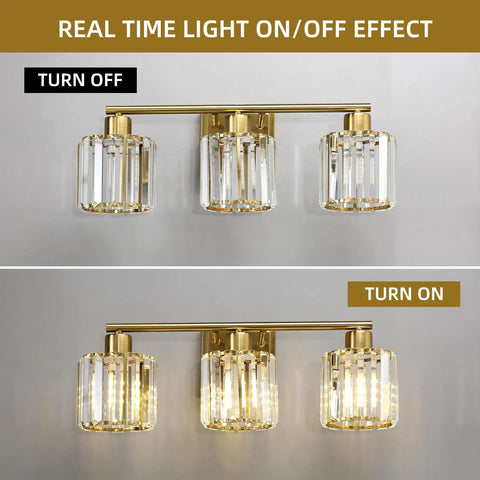 Gold Vanity Light Fixture For Bathroom Over Mirror, 3 Light Crystal Wall Sconces With Modern Design On Off Effect