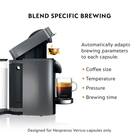 One Touch Single Serve Coffee And Espresso Maker With 25 Second Heat Up Auto Shut Off And Energy Saver Mode Nespresso Vertuo Plus Style For Home Brewing In Titan Finish showing blend specific brewing.