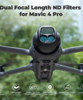 Close-up of DJI Mavic 4 Pro drone with Dope Split ND Filter 4 Pack For DJI Mavic 4 Pro Dual Focal Length Kit visibly attached.