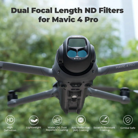 Close-up of DJI Mavic 4 Pro drone with Dope Split ND Filter 4 Pack For DJI Mavic 4 Pro Dual Focal Length Kit visibly attached.