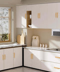 Modern kitchen with 2 Pack Barn Door Handles for Cabinets and Drawers, Aluminum Alloy Flush Flat Base Pulls in Gold installed on cabinets.