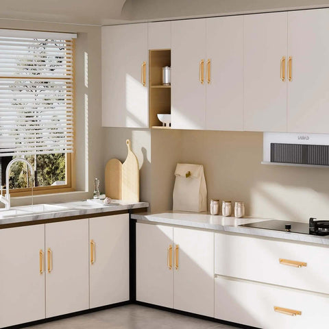 Modern kitchen with 2 Pack Barn Door Handles for Cabinets and Drawers, Aluminum Alloy Flush Flat Base Pulls in Gold installed on cabinets.