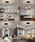 Three Light Black Pendant Light With Crystal Accents in kitchen, dining, living room, and bedroom settings