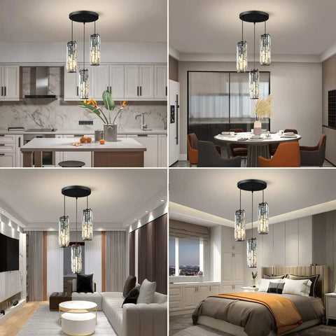 Three Light Black Pendant Light With Crystal Accents in kitchen, dining, living room, and bedroom settings