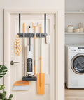 No Drill Over The Door Mop And Broom Holder With Four Slots And Four Hooks Wood Tool Hanger for organized door storage