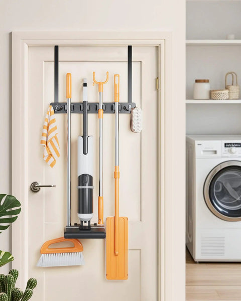 No Drill Over The Door Mop And Broom Holder With Four Slots And Four Hooks Wood Tool Hanger for organized door storage