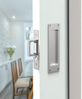 Pocket Door Edge Pulls Set Hidden Side Pocket Sliding Door Handles With Pop Up Mechanism Larger Ring For Easy Grip Silver Finish Durable Hardware 2 Pack on white sliding door