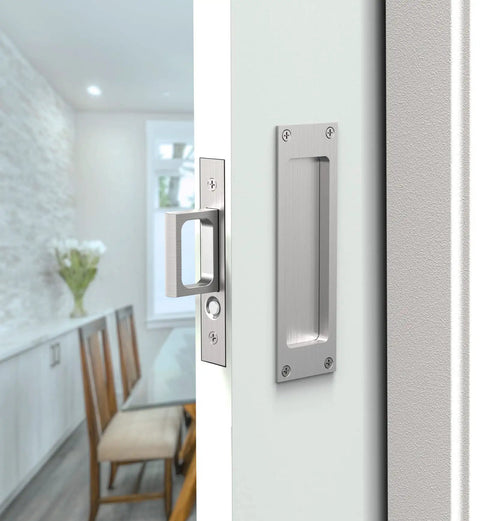 Pocket Door Edge Pulls Set Hidden Side Pocket Sliding Door Handles With Pop Up Mechanism Larger Ring For Easy Grip Silver Finish Durable Hardware 2 Pack on white sliding door