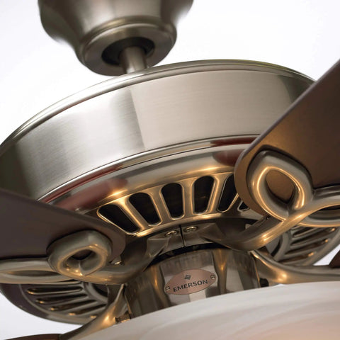 Close-up of Traditional Style 42 Inch Five Blade Ceiling Fan In White With Frosted Globes And Light Kit Includes Three CFL Bulbs