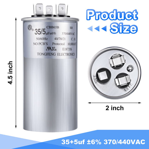 Dual Run Capacitor 35/5 MFD 370V 440V VAC Round For AC Unit Condenser Or Heat Pump Start Capacitor, size 4.5x2 in