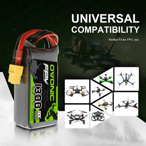 3S LiPo Battery 1300mAh 11.1V 80C Burst With XT60 Connector For RC FPV Racing Drones Quadcopters, soft case design shown