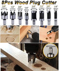 Image showing 8 wood plug cutters in different sizes used with handheld and electric drills for precise hole-cutting in woodworking.