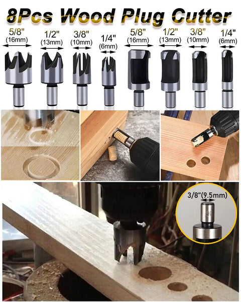 Image showing 8 wood plug cutters in different sizes used with handheld and electric drills for precise hole-cutting in woodworking.