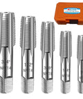 Versatile 5 Piece NPT Pipe Tap Set In Carbon Steel For Hand Threading And Accurate Threads Includes One Eighth Inch One Quarter Inch Three Eighths Inch One Half Inch And Three Quarters Inch Sizes For DIY Plumbers Mechanics And Thread Cutting Tools shown with orange case