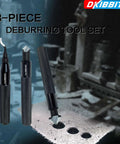 DKIBBIT 3-piece deburring tool set with knurled black handles and metal blades (front view)