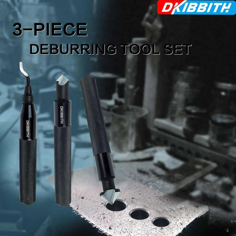 DKIBBIT 3-piece deburring tool set with knurled black handles and metal blades (front view)