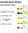 Assorted Darts Fishing Lures Kit With 1/4 Oz Bucktail Jigs, 25 Pack in 5 Colors, displayed with product specifications