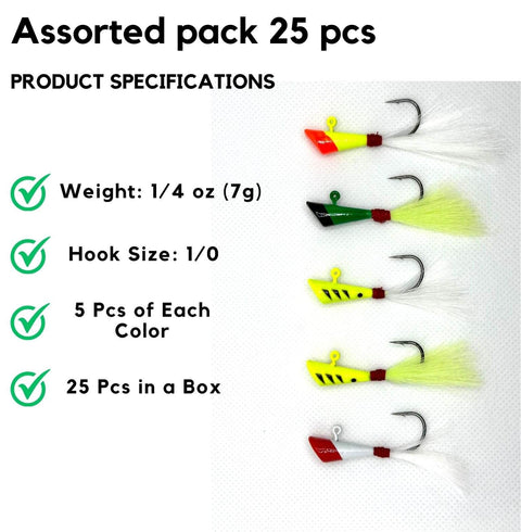 Assorted Darts Fishing Lures Kit With 1/4 Oz Bucktail Jigs, 25 Pack in 5 Colors, displayed with product specifications