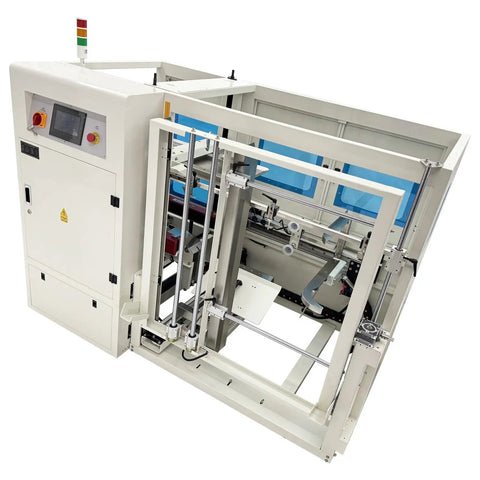 Automatic Carton Sealer And Tape Sealer 220V For Fast Box Packing, Handles 8 To 15 Boxes Per Minute, Fits Cartons 11 To 21.7 Inches Long And 6.7 To 19.7 Inches High, 20 Meters Per Minute Sealing Speed, Fully Auto With Smart Touchscreen, white steel frame
