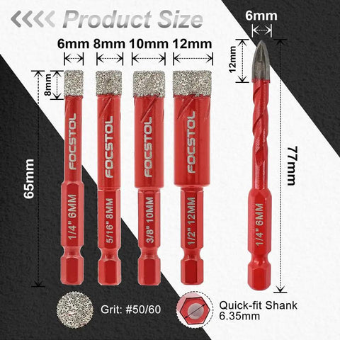Built Tight Dry Diamond Drill Bit Set With Fast Lock Hex Shank And Carbide Pilot Bit For No Sweat Drilling On Porcelain Tile Marble Granite Quartz Concrete Masonry, 5 sizes shown, 6mm to 12mm.