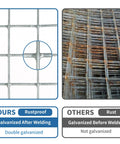 Heavy Duty Hardware Cloth 1/4 Inch, 24 By 50 Feet, Hot Dip Galvanized After Welding, Rustproof Welded Wire Mesh for Garden, Poultry, Fencing, and Other Outdoor DIY Projects showing galvanized weld detail and rust comparison