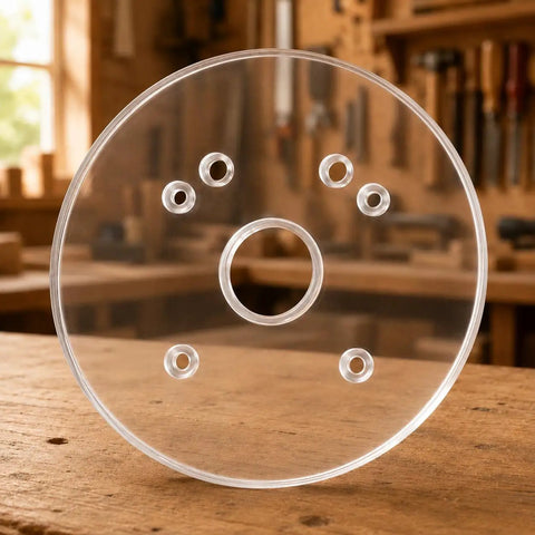 Six Inch Clear Acrylic Router Base Plate With Precision Pre Drilled Holes For DWP611 And DCW600B Compact Routers seen on a work surface.